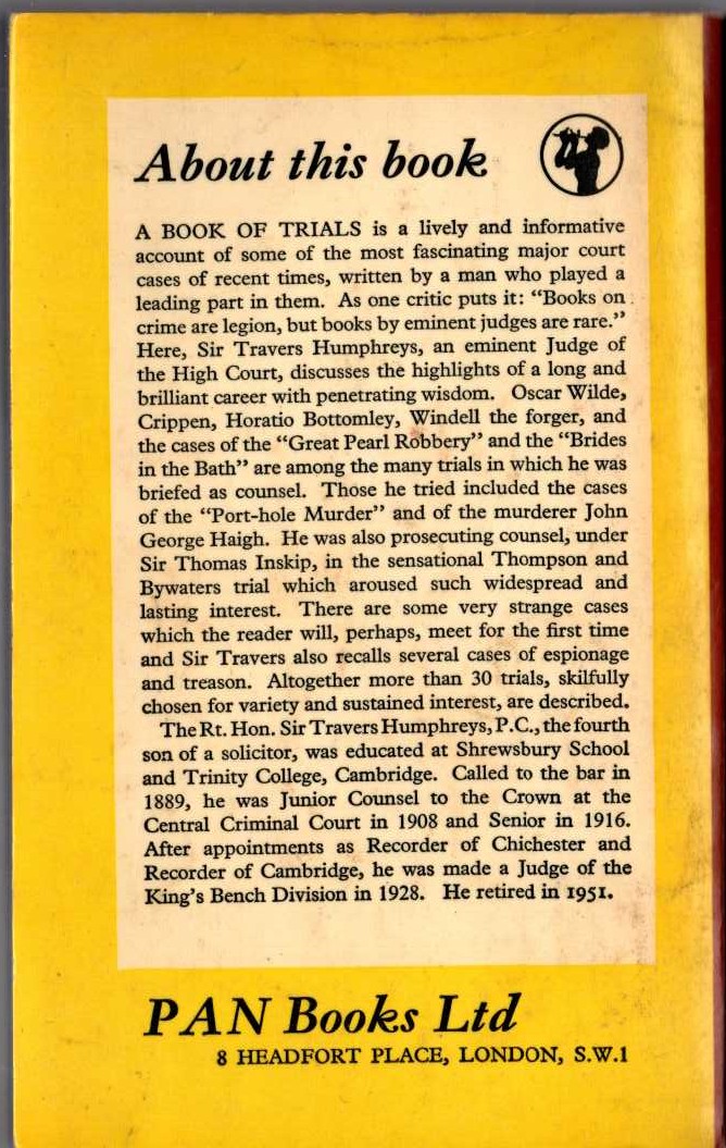 Humphreys Sir Travers   A BOOK OF TRIALS magnified rear book cover image