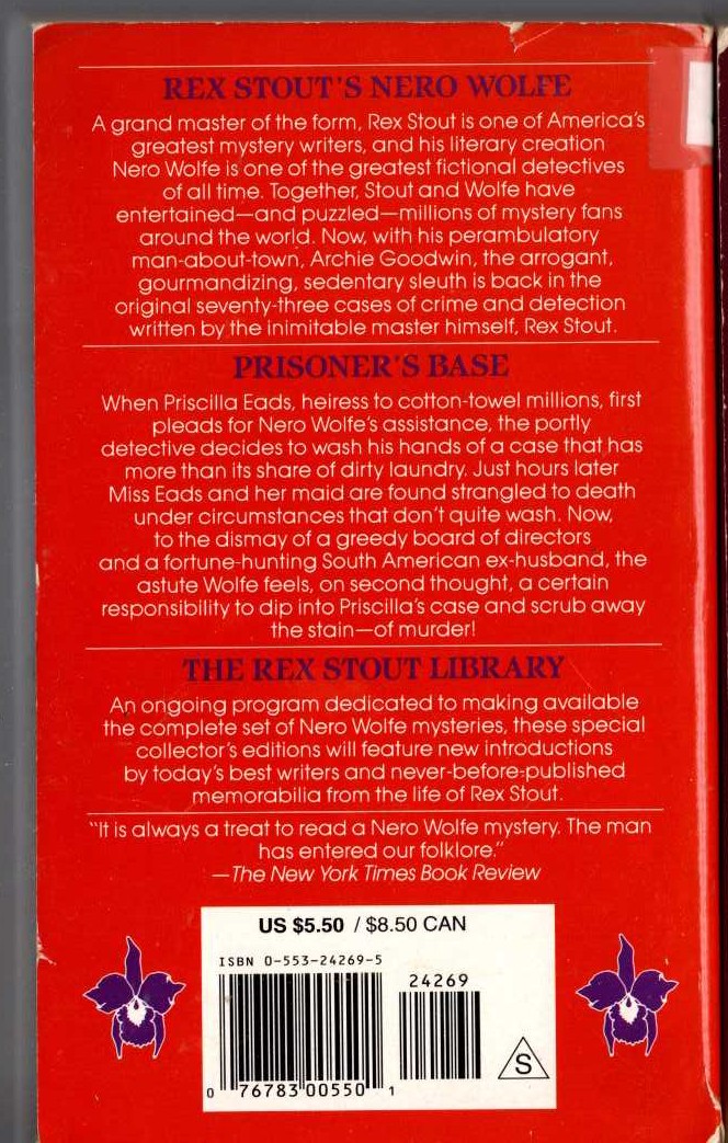 Rex Stout  PRISONER'S BASE magnified rear book cover image