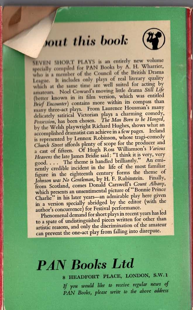 A.H. Wharrier (compiles) SEVEN SHORT PLAYS for reading or acting magnified rear book cover image