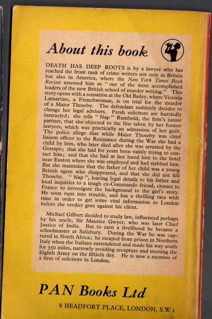 Michael Gilbert  DEATH HAS DEEP ROOTS magnified rear book cover image