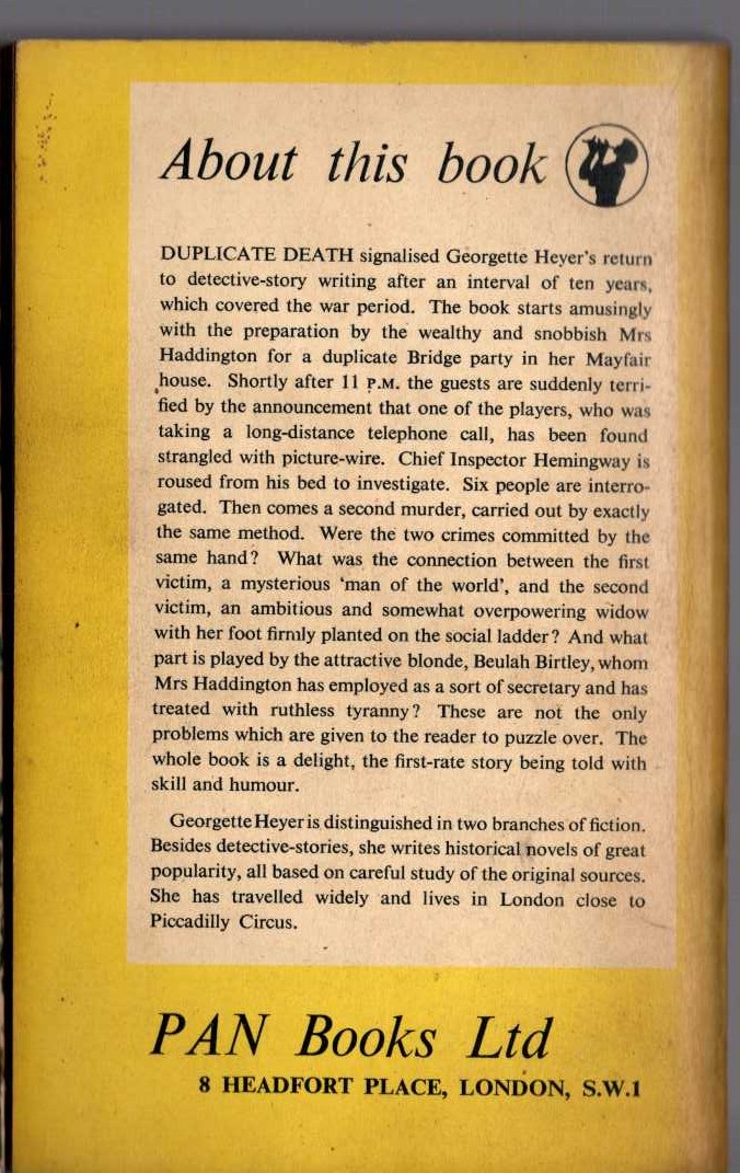 Georgette Heyer  DUPLICATE DEATH magnified rear book cover image