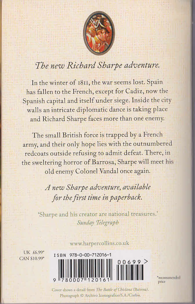 Bernard Cornwell  SHARPE'S FURY magnified rear book cover image
