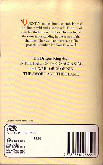 Stephen Lawhead  IN THE HALL OF THE DRAGON KING magnified rear book cover image
