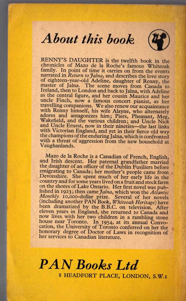 Mazo de le Roche  RENNY'S DAUGHTER magnified rear book cover image