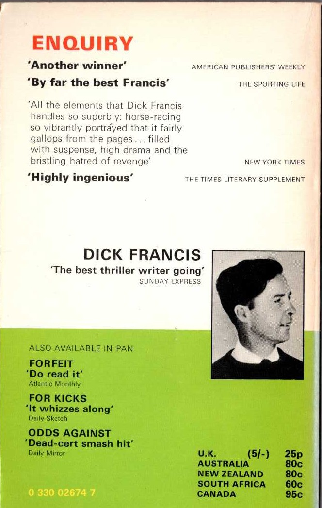 Dick Francis  ENQUIRY magnified rear book cover image