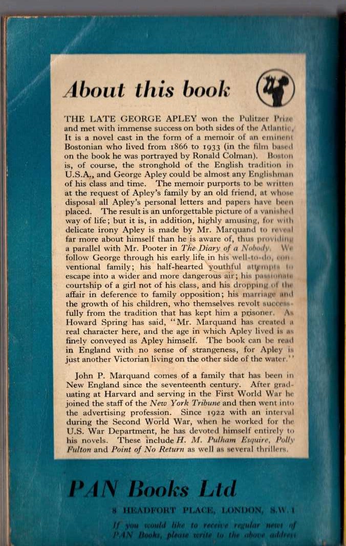 John P. Marquand  THE LATE GEORGE APLEY magnified rear book cover image