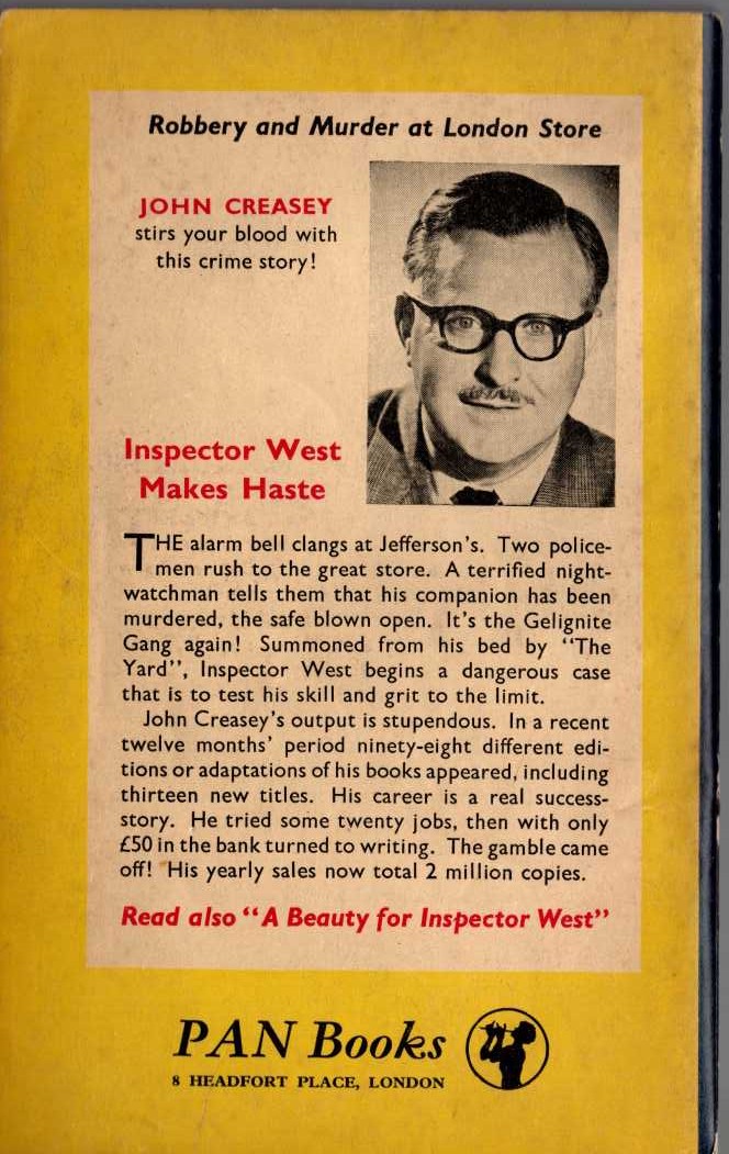John Creasey  INSPECTOR WEST MAKES HASTE magnified rear book cover image