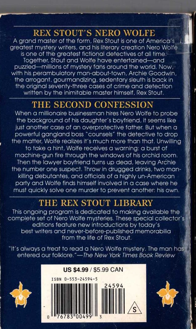 Rex Stout  THE SECOND CONFESSION magnified rear book cover image