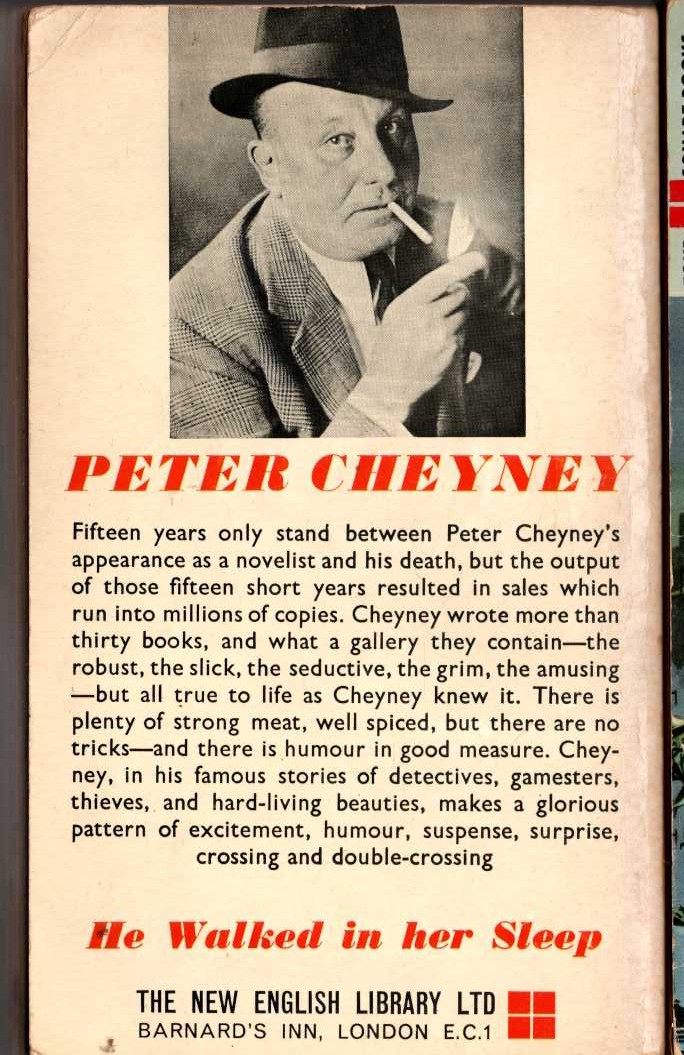Peter Cheyney  HE WALKED IN HER SLEEP magnified rear book cover image