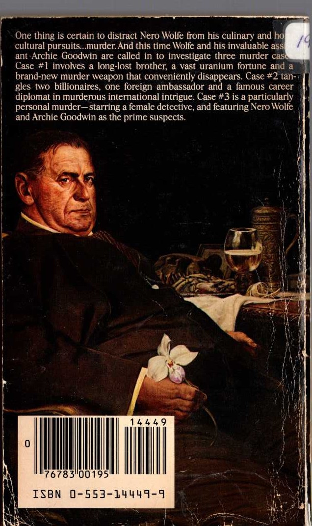 Rex Stout  THREE FOR THE CHAIR magnified rear book cover image