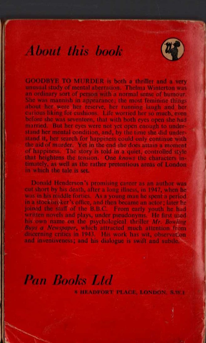 Donald Henderson  GOODBYE TO MURDER magnified rear book cover image
