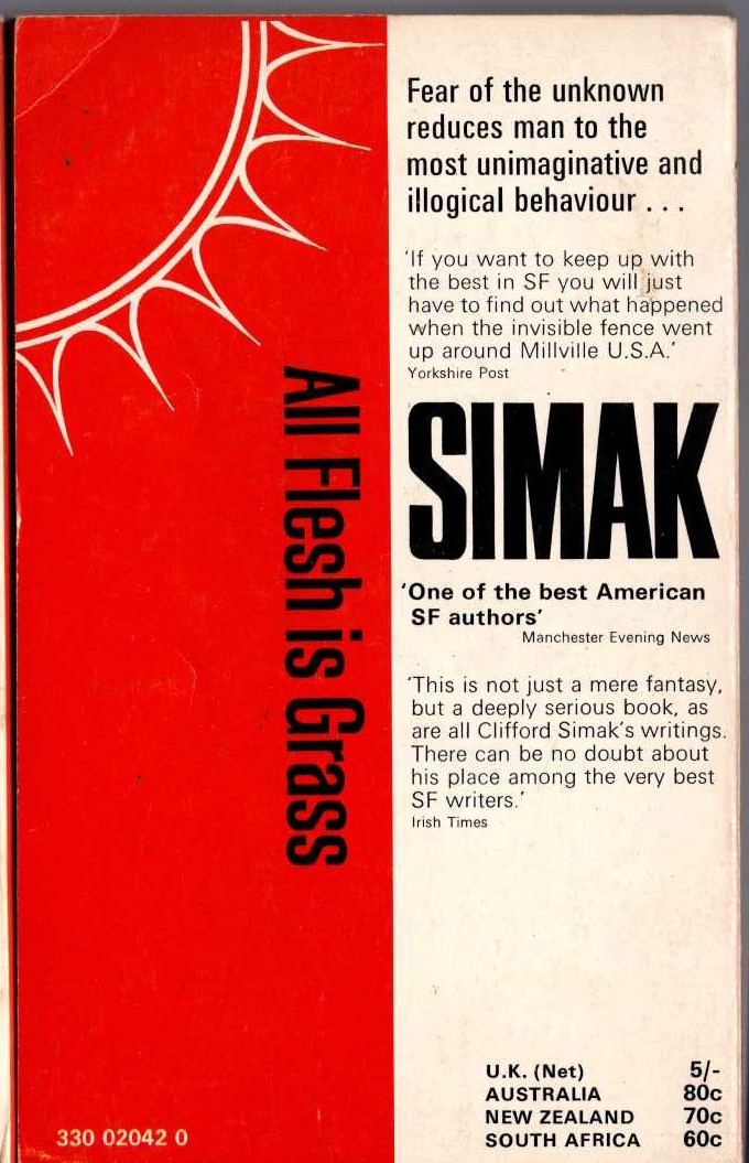 Clifford Simak  ALL FLESH IS GRASS magnified rear book cover image