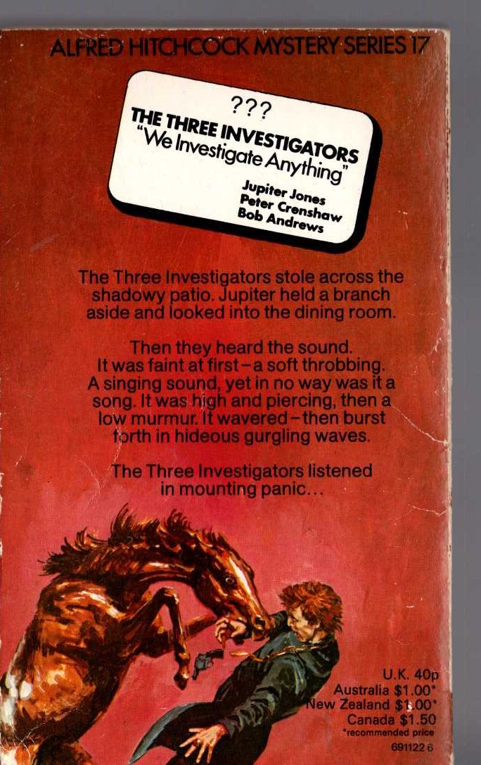 Alfred Hitchcock (introduces_The_Three_Investigators) THE MYSTERY OF THE SINGING SERPENT magnified rear book cover image