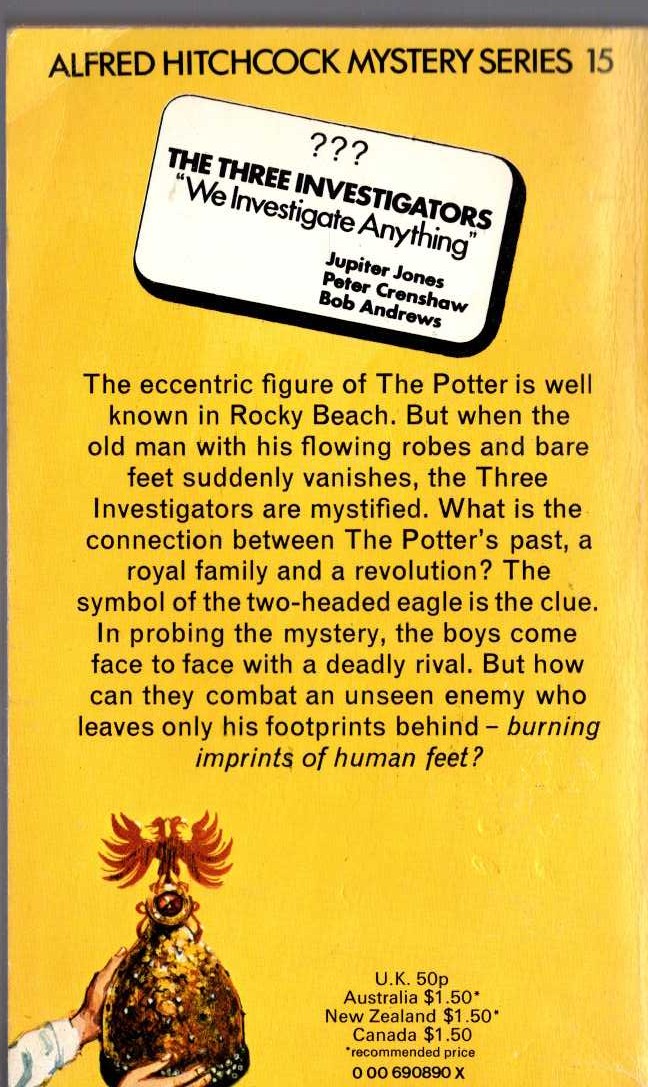 Alfred Hitchcock (introduces_The_Three_Investigators) THE MYSTERY OF THE FLAMING FOOTPRINTS magnified rear book cover image