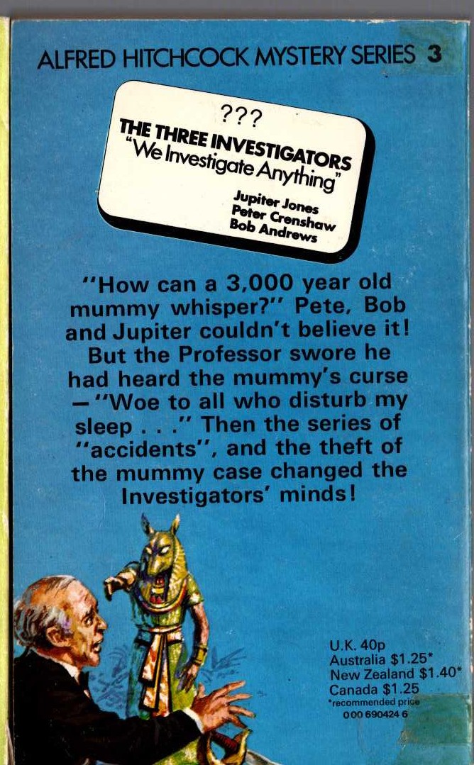 Alfred Hitchcock (introduces_The_Three_Investigators) THE MYSTERY OF THE WHISPERING MUMMY magnified rear book cover image