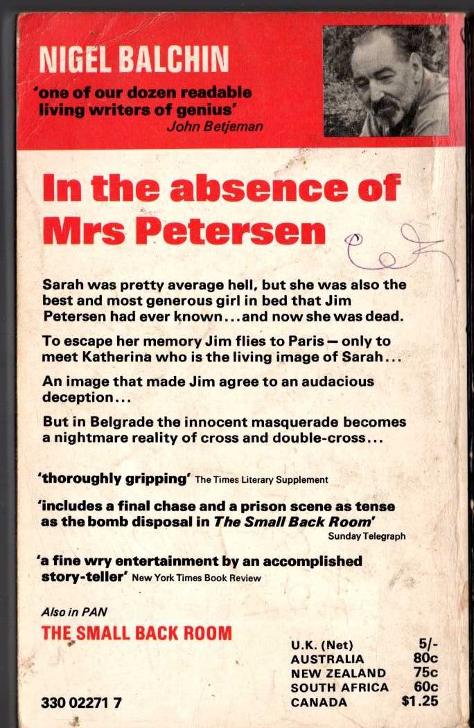 Nigel Balchin  IN THE ABSENCE OF MRS PETERSEN magnified rear book cover image