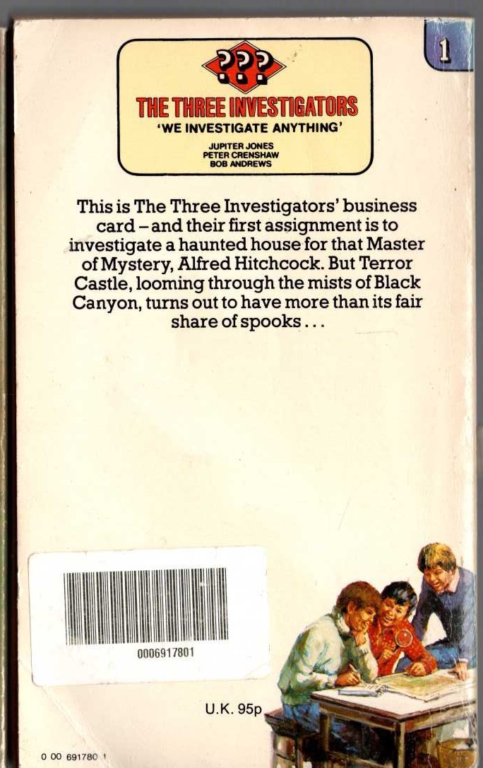 Alfred Hitchcock (introduces_The_Three_Investigators) THE SECRET OF TERROR CASTLE magnified rear book cover image
