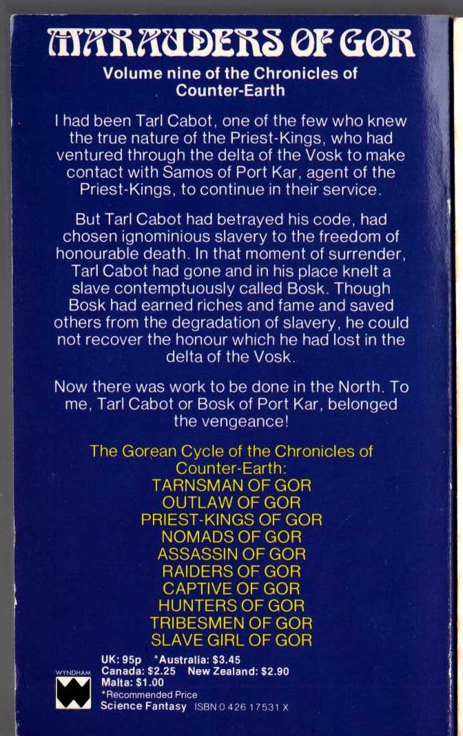 John Norman  MARAUDERS OF GOR magnified rear book cover image