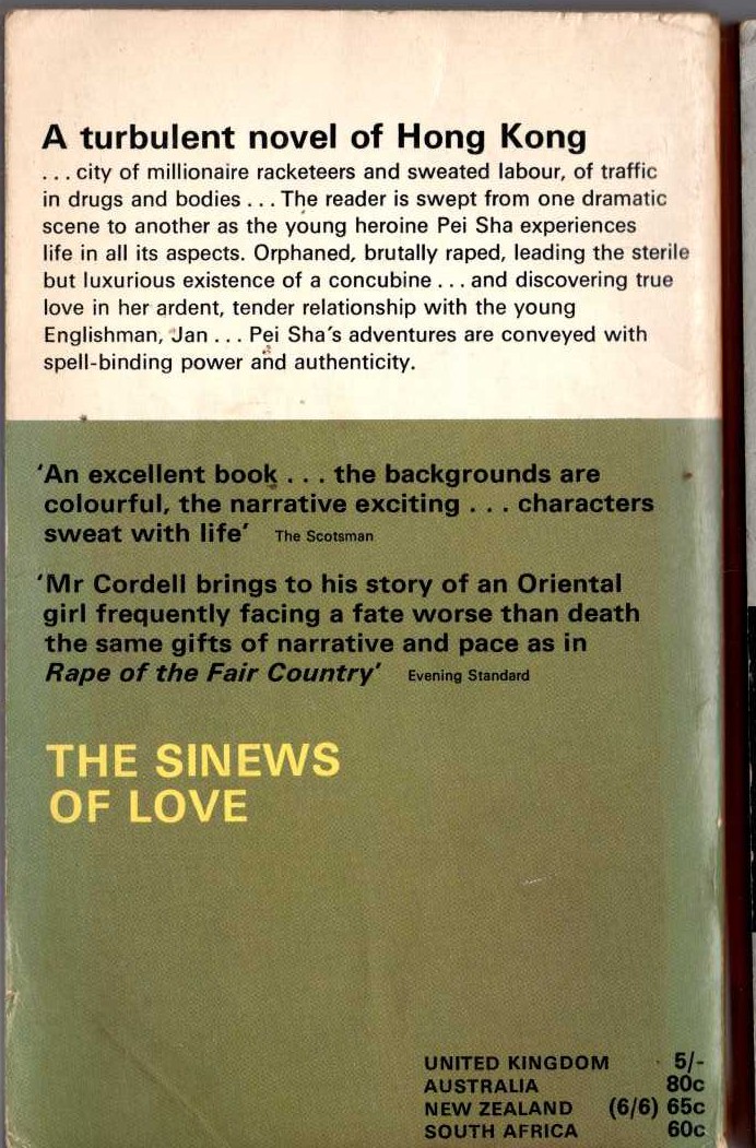 Alexander Cordell  THE SINEWS OF LOVE magnified rear book cover image