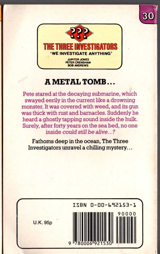 Alfred Hitchcock (introduces_The_Three_Investigators) THE SECRET OF SHARK REEF magnified rear book cover image