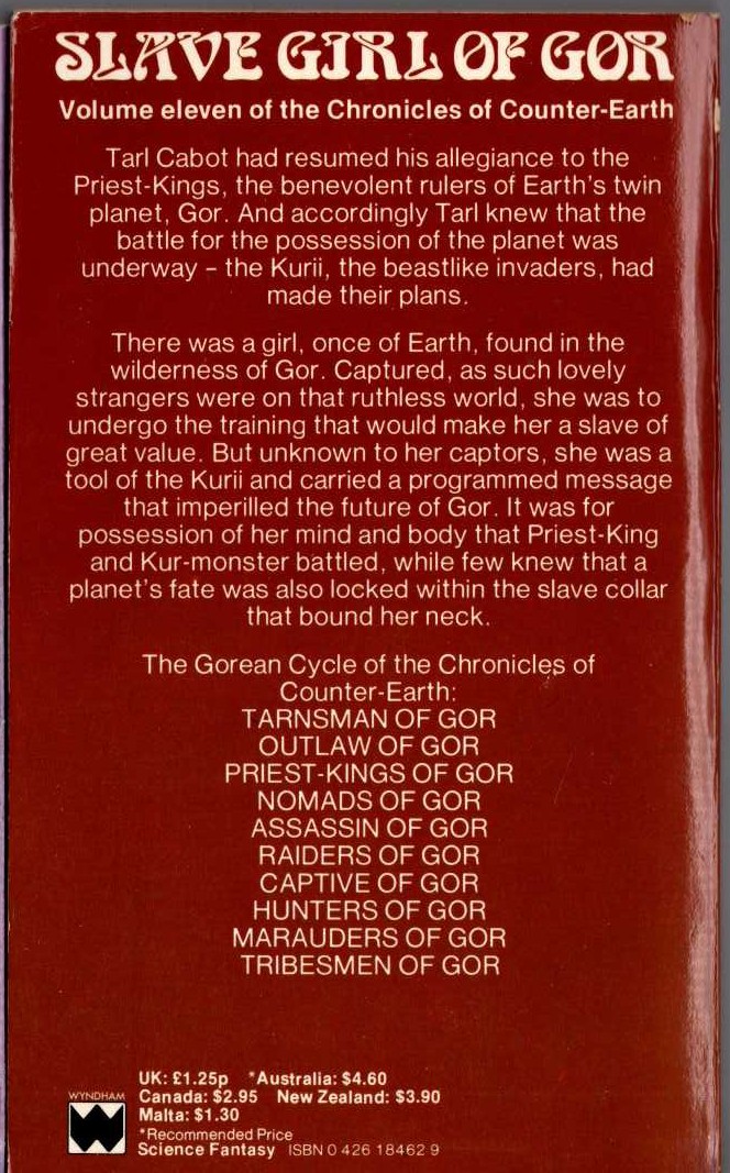 John Norman  SLAVE GIRL OR GOR magnified rear book cover image