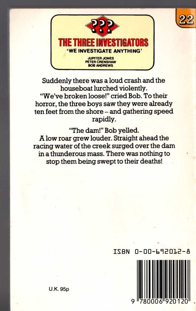Alfred Hitchcock (introduces_The_Three_Investigators) THE MYSTERY OF THE DEAD MAN'S RIDDLE magnified rear book cover image