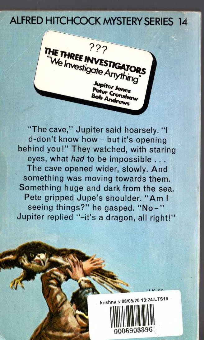 Alfred Hitchcock (introduces_The_Three_Investigators) THE MYSTERY OF THE COUGHING DRAGON magnified rear book cover image