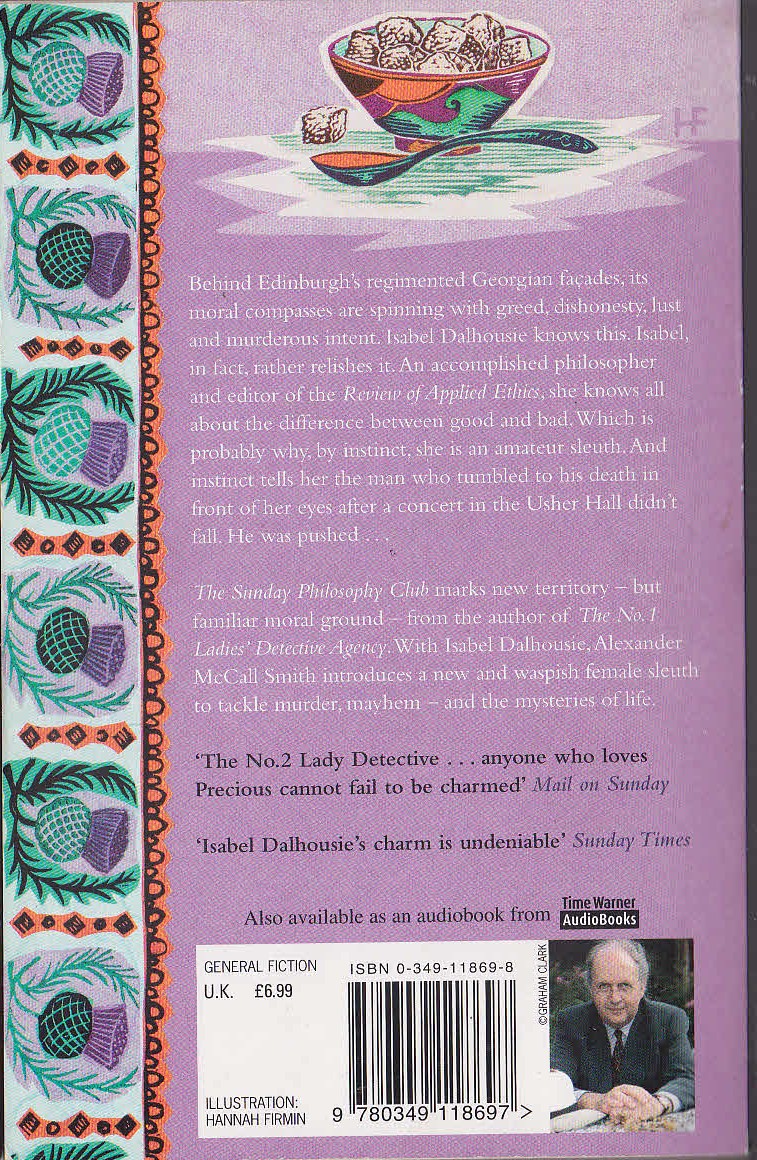 Alexander McCall Smith  THE SUNDAY PHILOSOPHY CLUB magnified rear book cover image