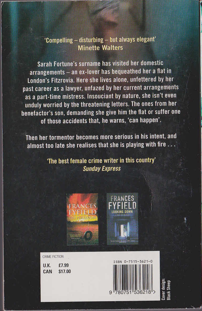 Frances Fyfield  SAFER THAN HOUSES magnified rear book cover image