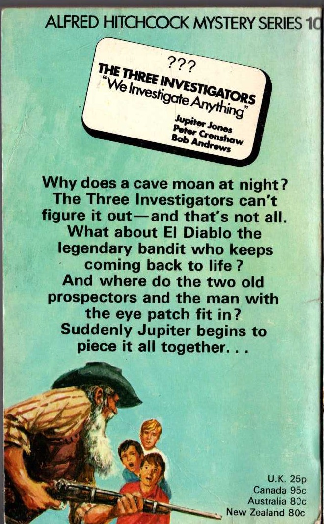 Alfred Hitchcock (introduces_The_Three_Investigators) THE MYSTERY OF THE MOANING CAVE magnified rear book cover image