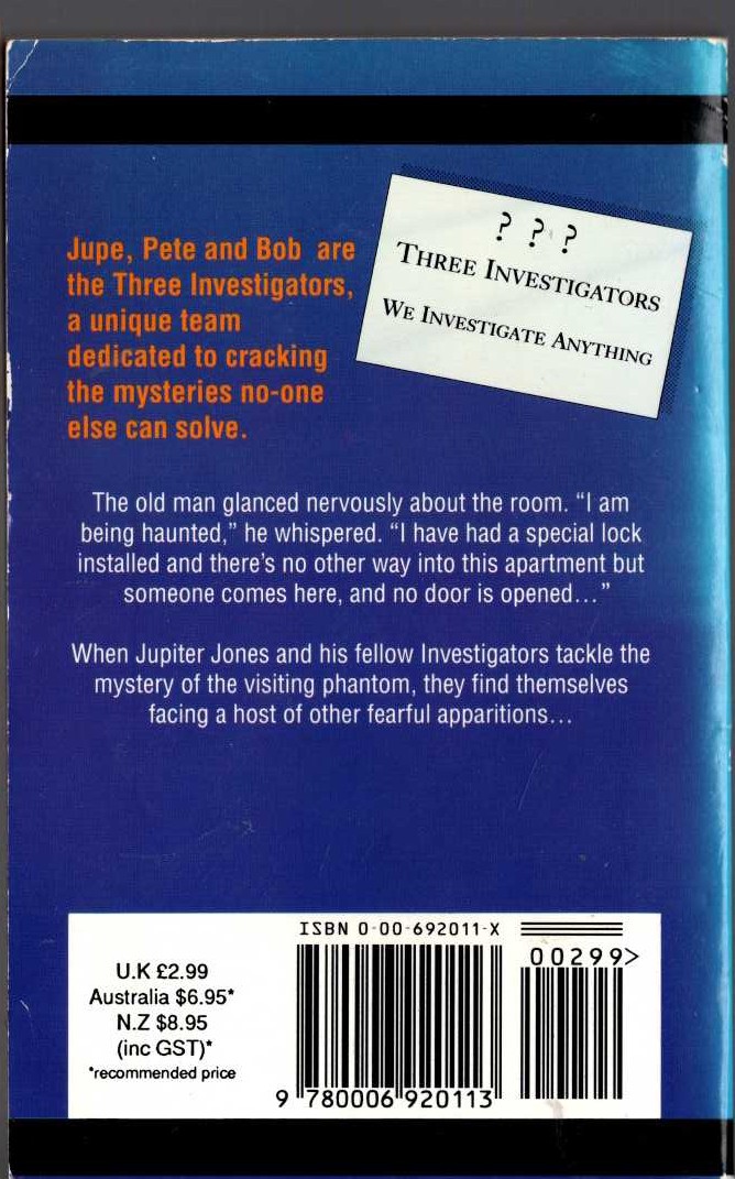 Alfred Hitchcock (introduces_The_Three_Investigators) THE MYSTERY OF THE INVISIBLE DOG magnified rear book cover image