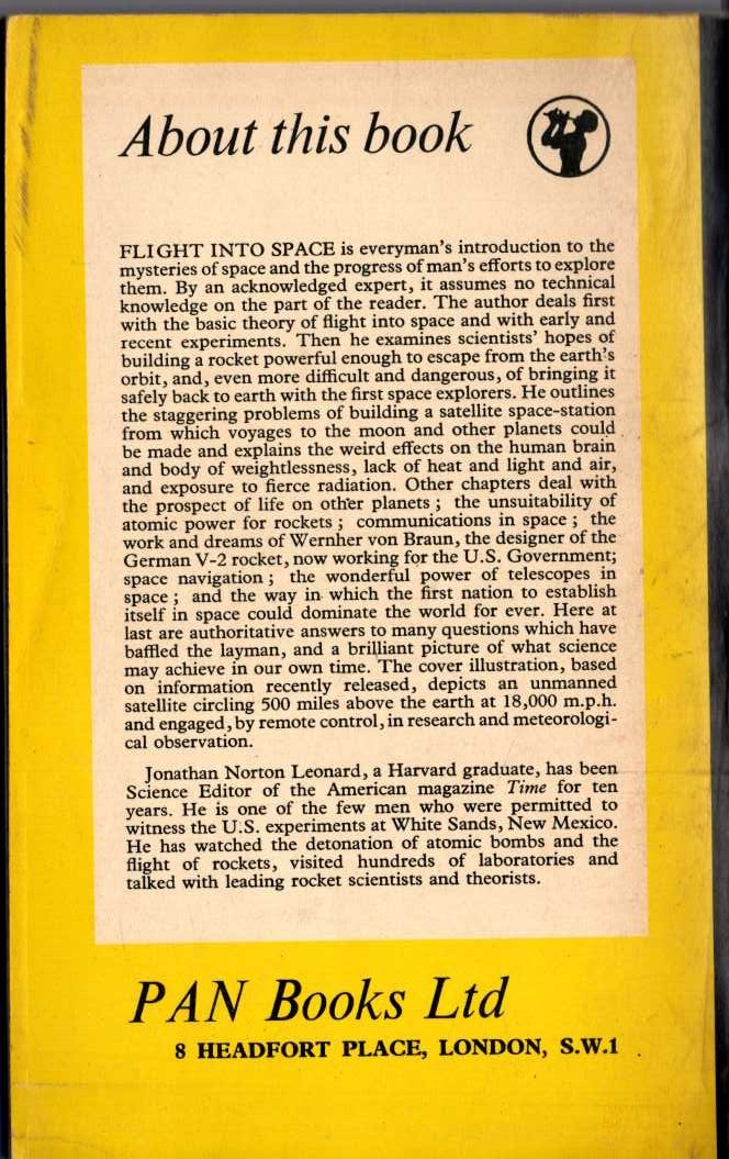 Jonathan Norton Leonard  FLIGHT INTO SPACE magnified rear book cover image