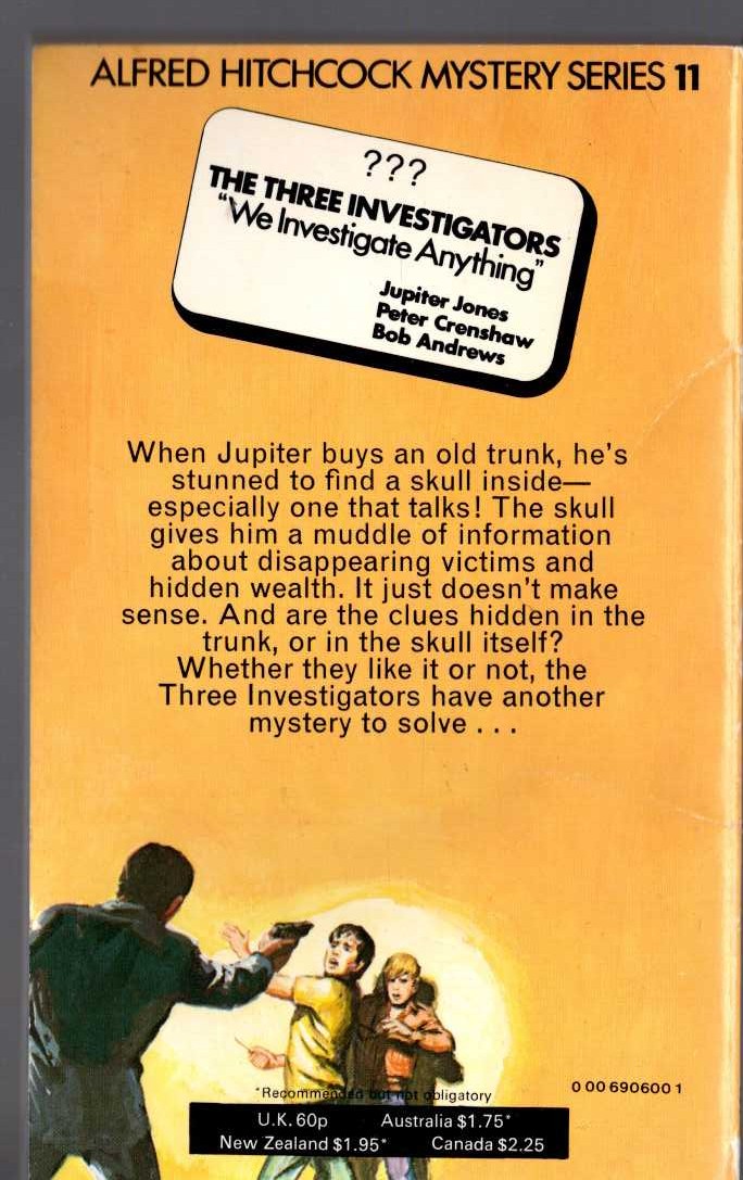 Alfred Hitchcock (introduces_The_Three_Investigators) THE MYSTERY OF THE TALKING SKULL magnified rear book cover image