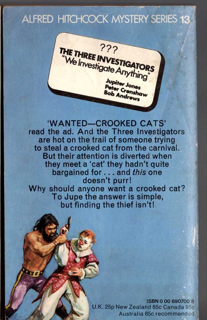 Alfred Hitchcock (introduces_The_Three_Investigators) THE SECRET OF THE CROOKED CAT magnified rear book cover image
