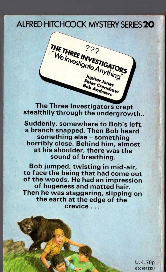 Alfred Hitchcock (introduces_The_Three_Investigators) THE MYSTERY OF MONSTER MOUNTAIN magnified rear book cover image