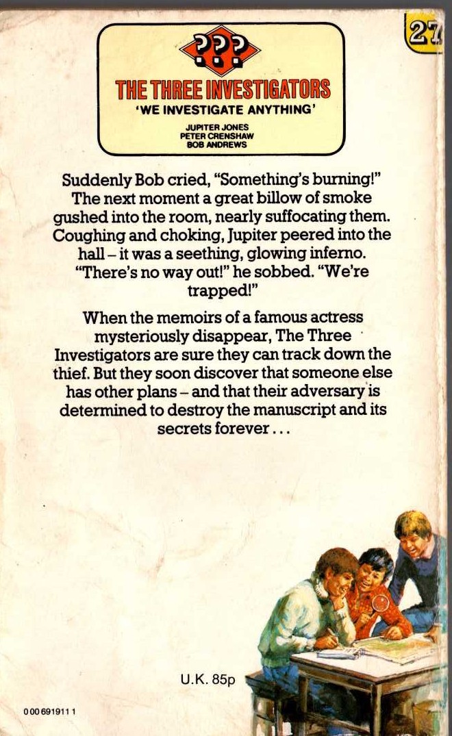 Alfred Hitchcock (introduces_The_Three_Investigators) THE MYSTERY OF THE MAGIC CIRCLE magnified rear book cover image