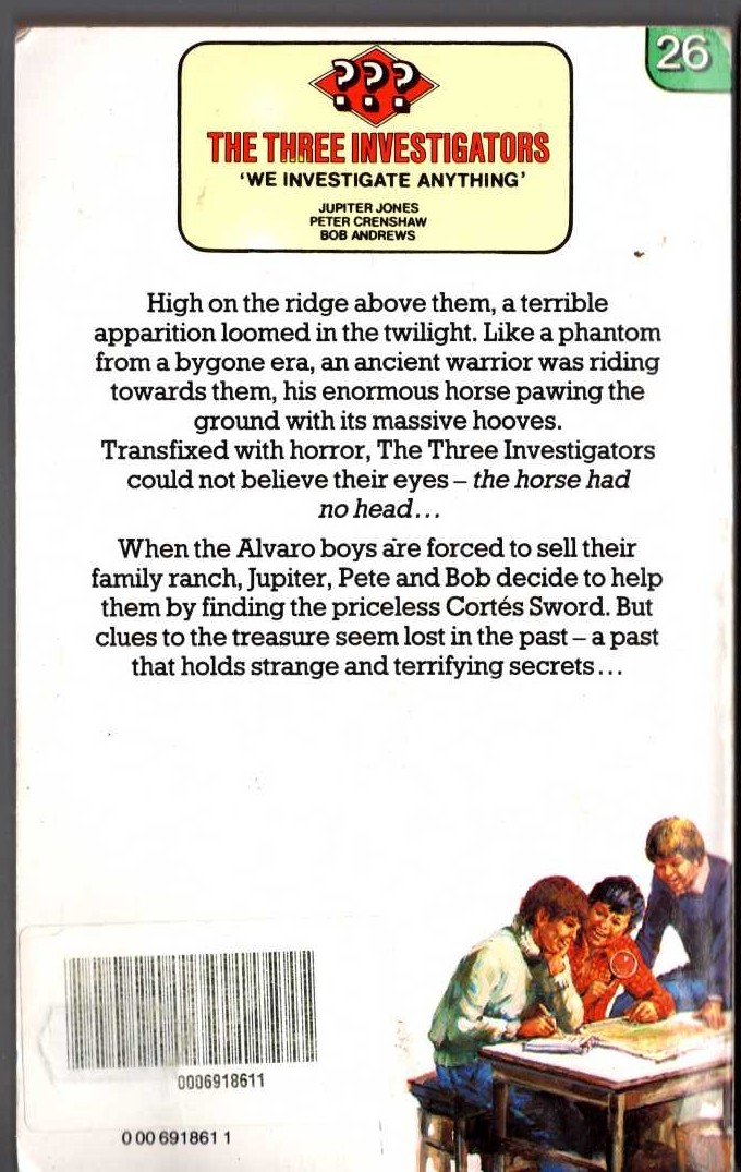 Alfred Hitchcock (introduces_The_Three_Investigators) THE MYSTERY OF THE HEADLESS HORSE magnified rear book cover image