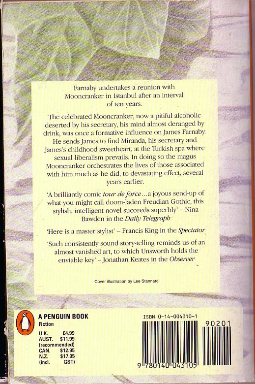 Barry Unsworth  MOONCRANKER'S GIFT magnified rear book cover image