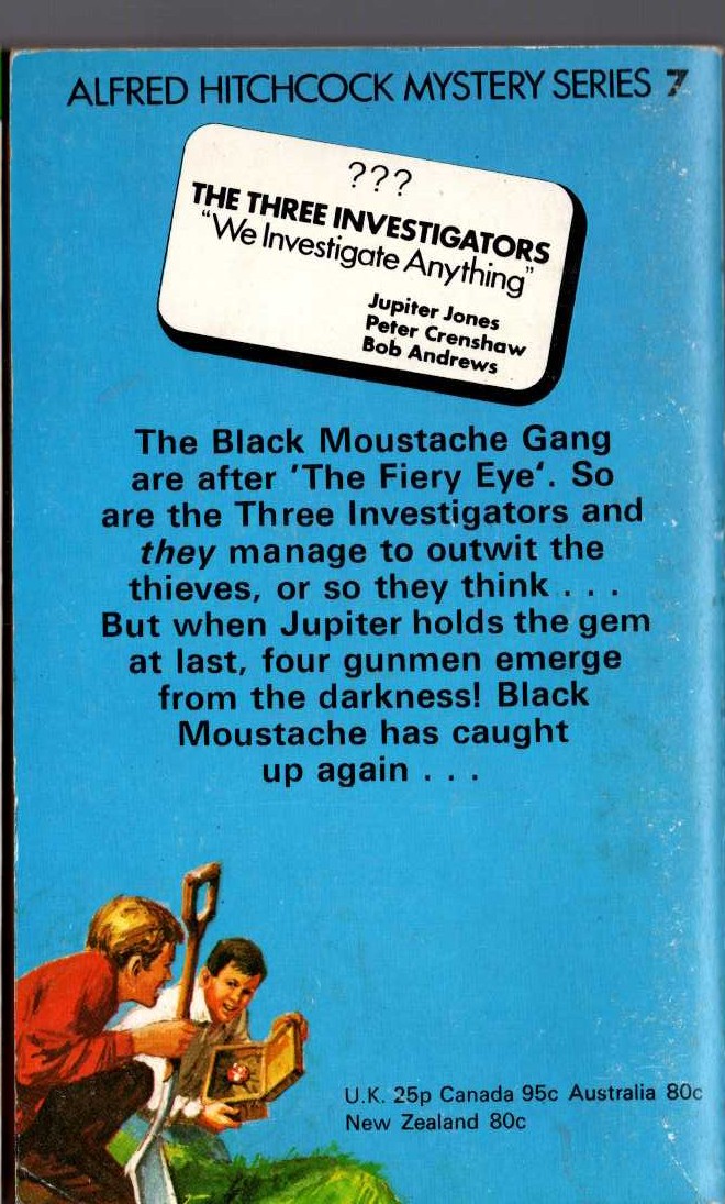 Alfred Hitchcock (introduces_The_Three_Investigators) THE MYSTERY OF THE FIERY EYE magnified rear book cover image