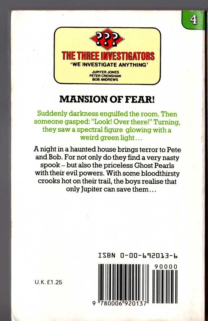 Alfred Hitchcock (introduces_The_Three_Investigators) THE MYSTERY OF THE GREEN GHOST magnified rear book cover image