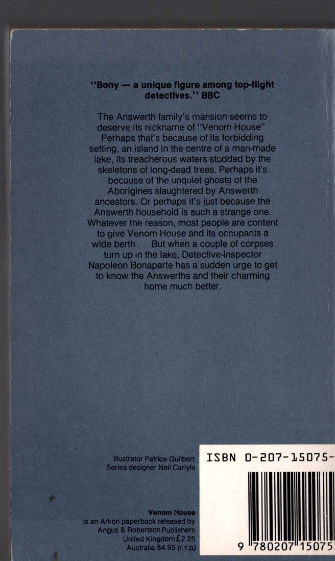 Arthur Upfield  VENOM HOUSE magnified rear book cover image