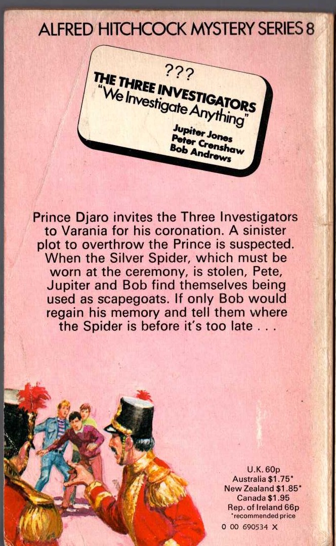 Alfred Hitchcock (introduces_The_Three_Investigators) THE MYSTERY OF THE SILVER SPIDER magnified rear book cover image