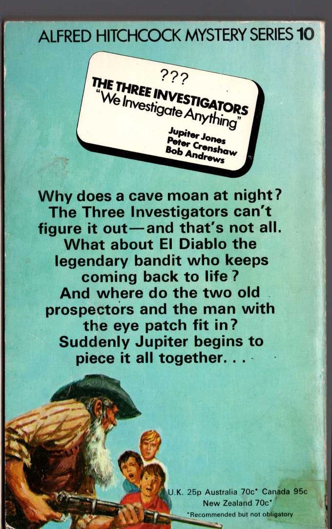 Alfred Hitchcock (introduces_The_Three_Investigators) THE MYSTERY OF THE MOANING CAVE magnified rear book cover image