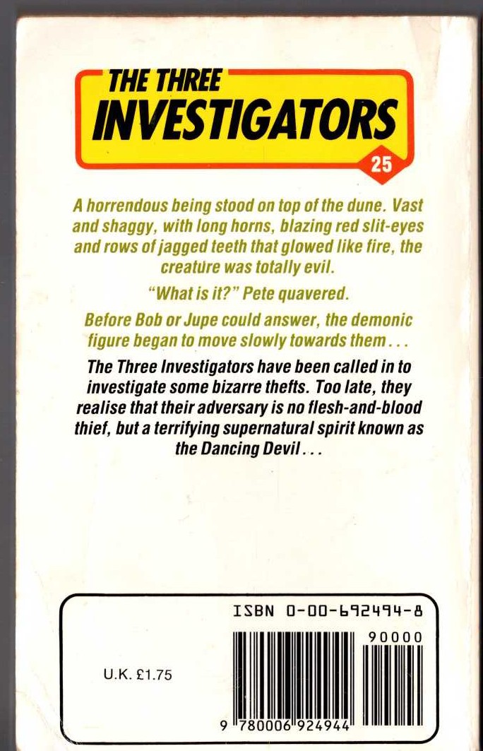 Alfred Hitchcock (introduces_The_Three_Investigators) THE MYSTERY OF THE DANCING DEVIL magnified rear book cover image