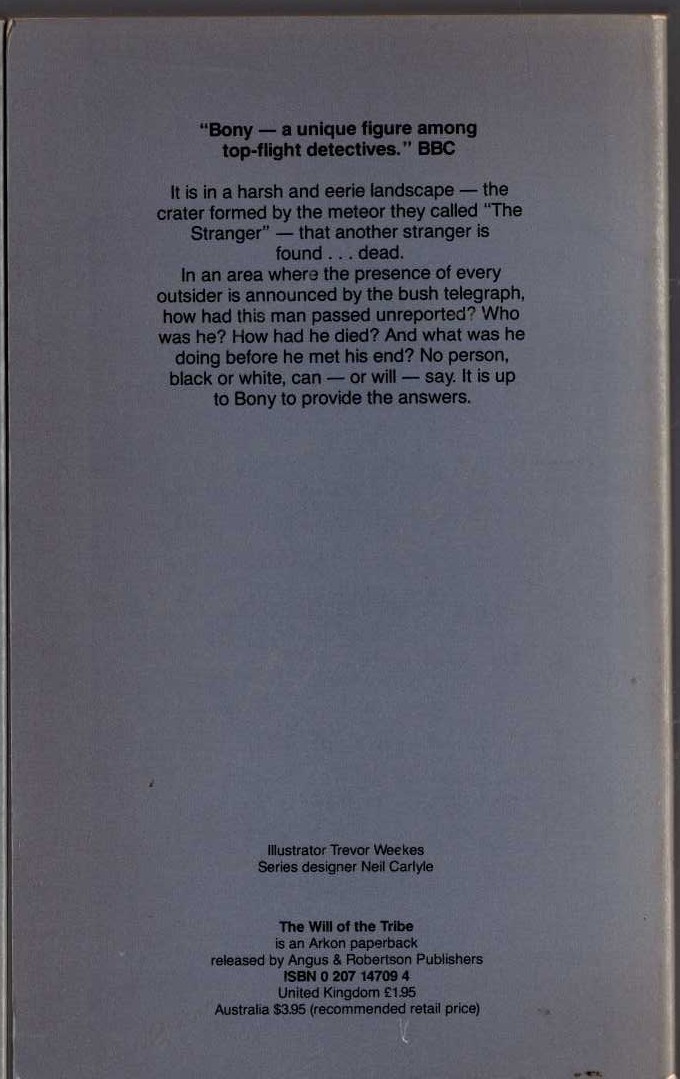 Arthur Upfield  THE WILL OF THE TRIBE magnified rear book cover image