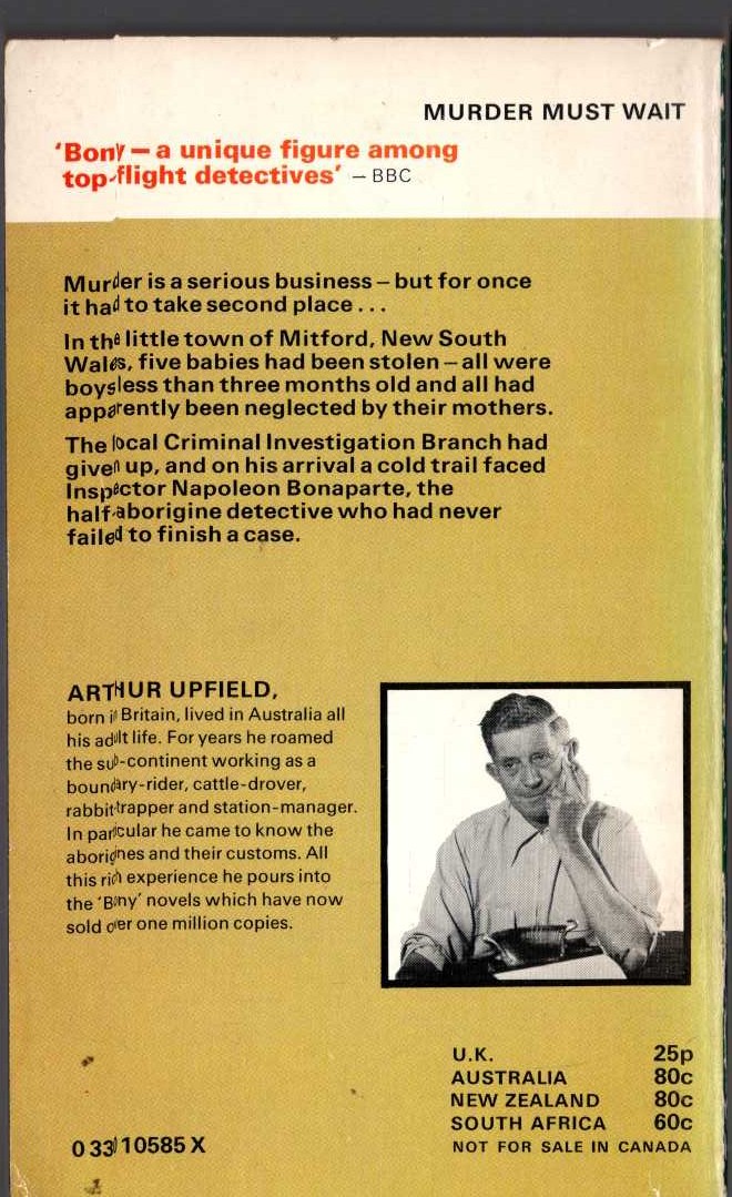 Arthur Upfield  MURDER MUST WAIT magnified rear book cover image