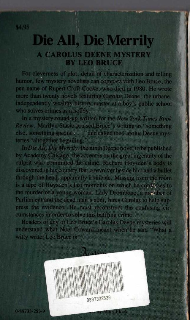 Leo Bruce  DIE ALL, DIE MERRILY magnified rear book cover image
