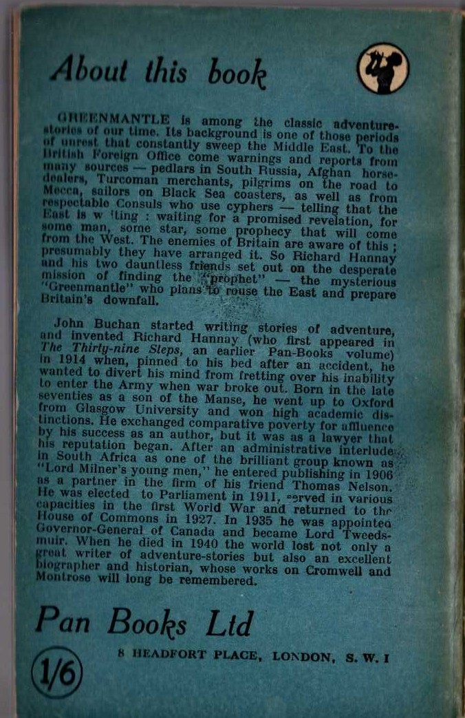 John Buchan  GREENMANTLE magnified rear book cover image
