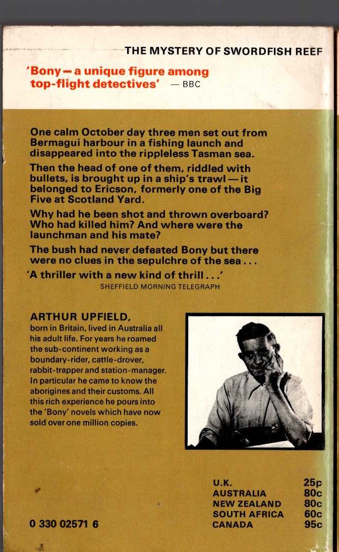 Arthur Upfield  THE MYSTERY OF SWORDFISH REEF magnified rear book cover image