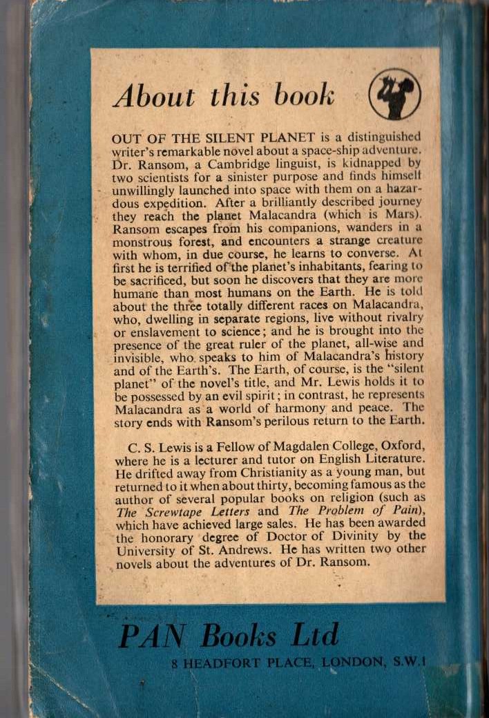 C.S. Lewis  OUT OF THE SILENT PLANET magnified rear book cover image